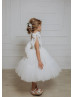 Beaded Ivory Glitter Lace Tulle Flower Girl Dress With Bows